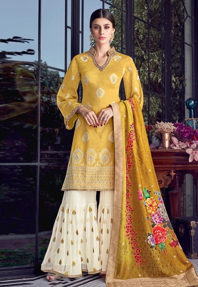 Yellow silk embroidered sharara suit 8002