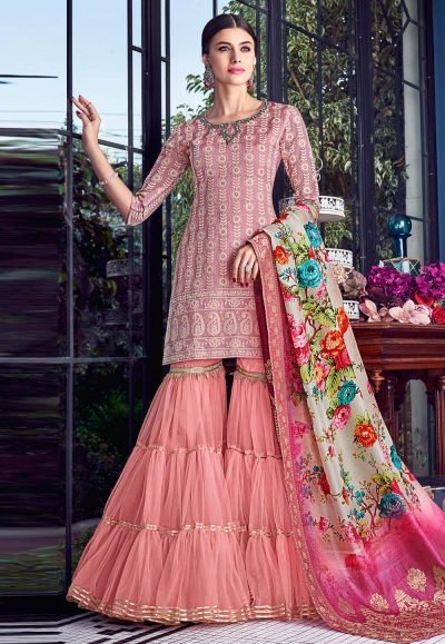 Pink silk embroidered sharara suit 8004