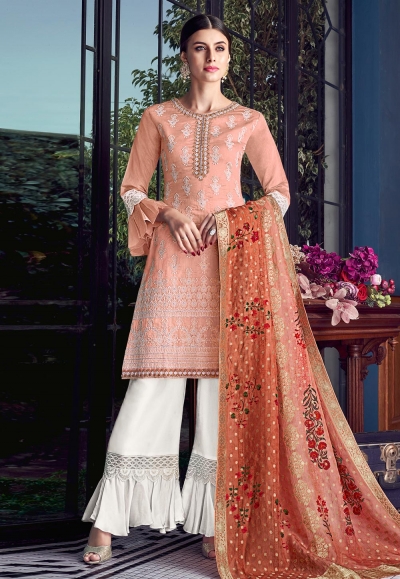 Peach silk embroidered sharara suit 8006A