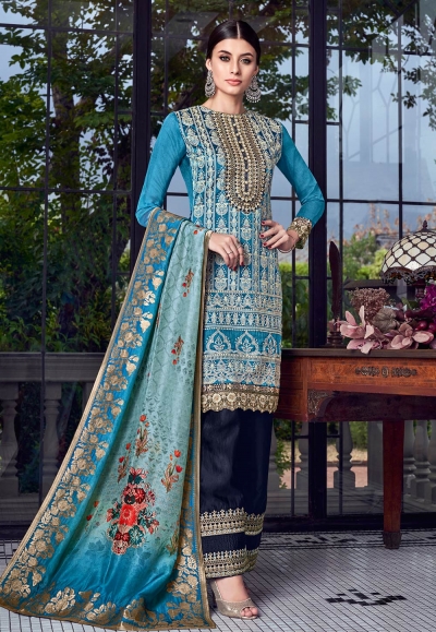 Blue silk embroidered kameez with palazzo 8003