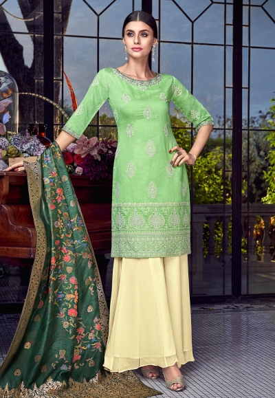 Light green silk embroidered sharara suit 8007