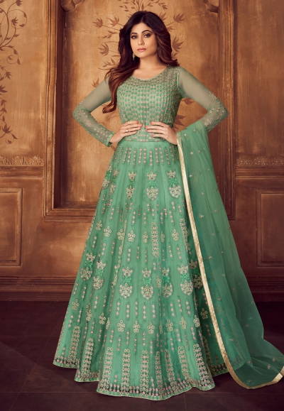 Shamita shetty sea green net embroidered floor length anarkali suit 8248