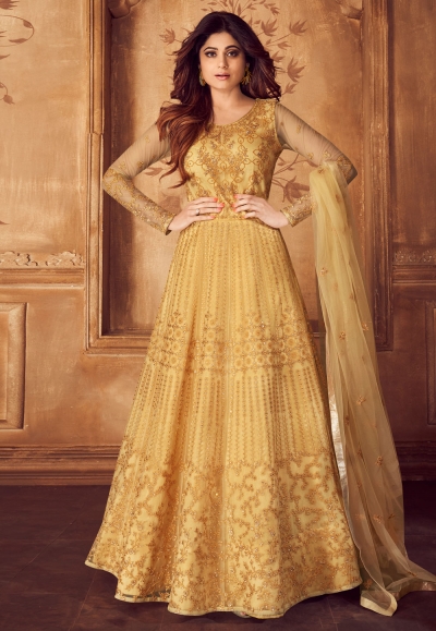 Shamita shetty yellow net embroidered long anarkali suit 8247