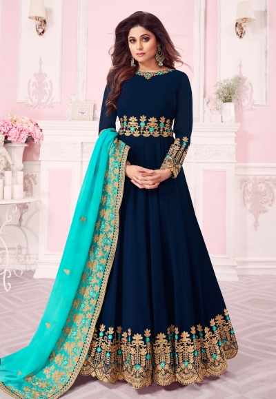 Shamita shetty navy blue georgette embroidered abaya style anarkali suit 8259