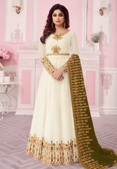 Shamita shetty off white georgette embroidered abaya style anarkali suit 8261