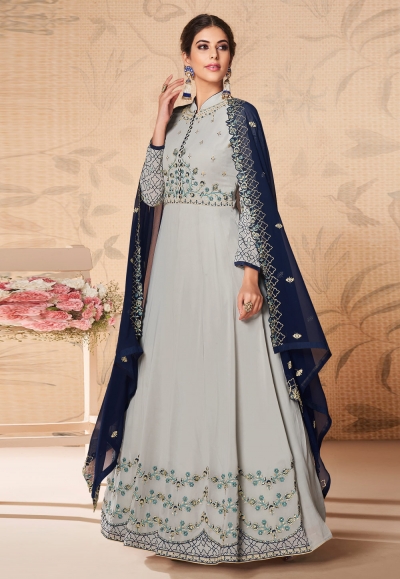 Gray georgette embroidered long anarkali suit 8309