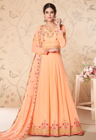 Peach georgette embroidered long anarkali suit 8311