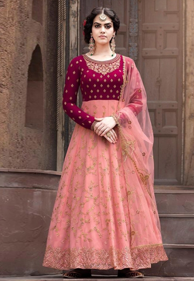 Pink faux georgette embroidered abaya style anarkali suit 8004
