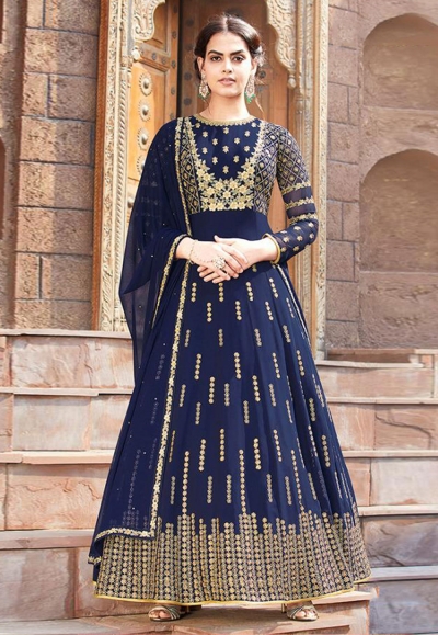 Navy blue faux georgette embroidered ankle length anarkali suit 8005