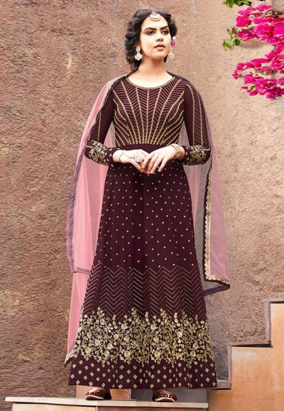 Wine faux georgette embroidered abaya style anarkali suit 8006
