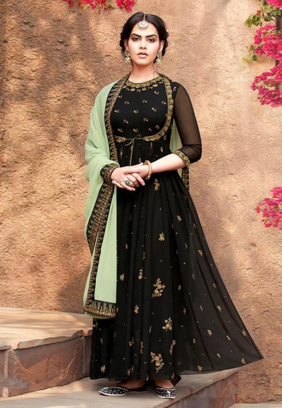 Black faux georgette embroidered ankle length anarkali suit 8003A