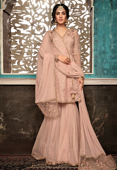 Sonal chauhan peach net embroidered bollywood sharara suit 7405