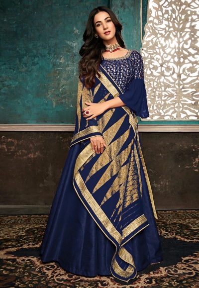 Sonal chauhan navy blue silk embroidered long anarkali suit 7407