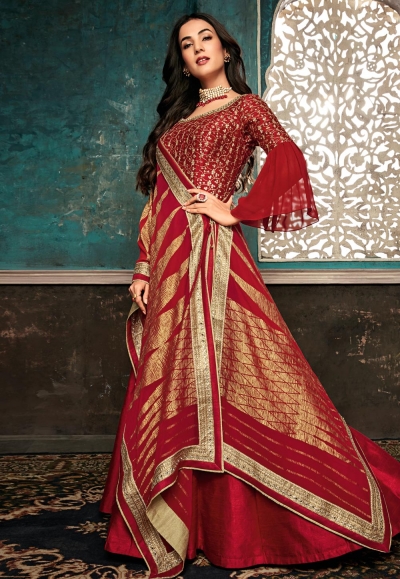 Sonal chauhan red silk embroidered bollywood anarkali suit with frill sleeve 7401
