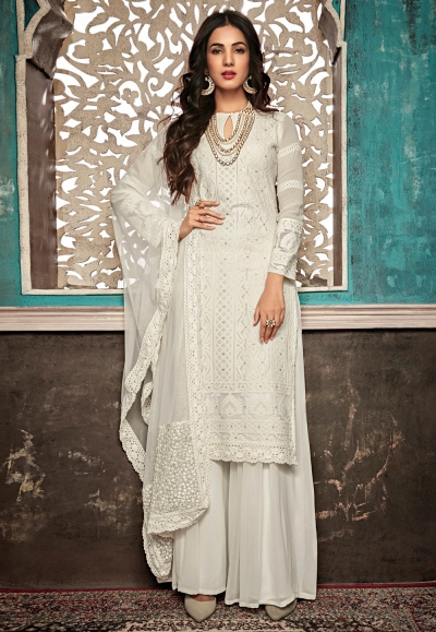 Sonal chauhan off white georgette embroidered palazzo suit 7406