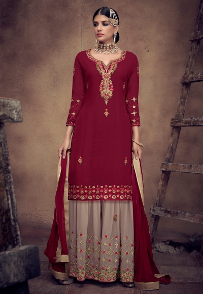Maroon georgette embroidered sharara suit 8011