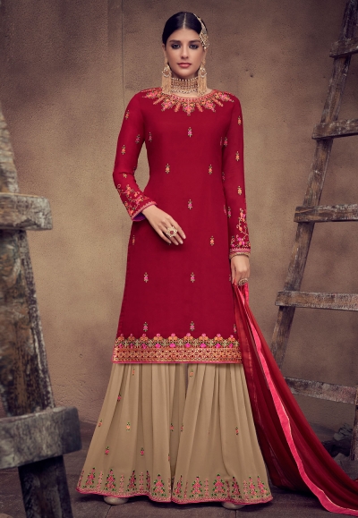 Maroon georgette embroidered sharara suit 8013