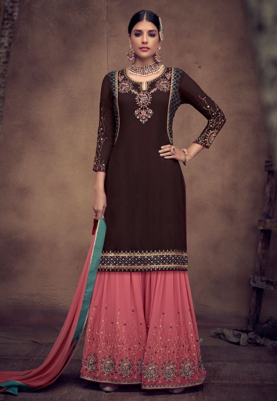 Brown georgette embroidered sharara suit 8014