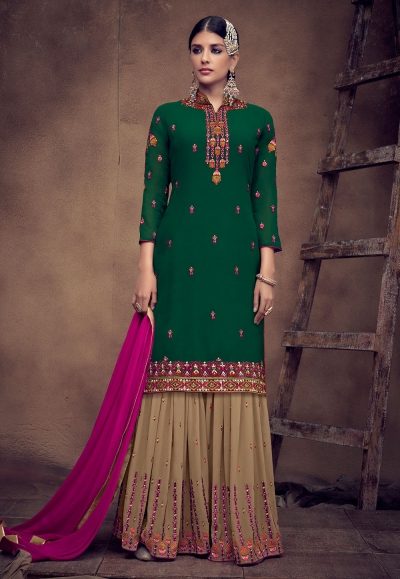 Green georgette embroidered sharara suit 8016