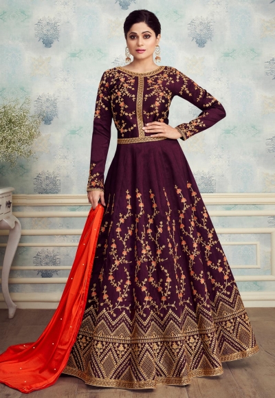 Shamita shetty purple silk embroidered floor length anarkali suit 8253