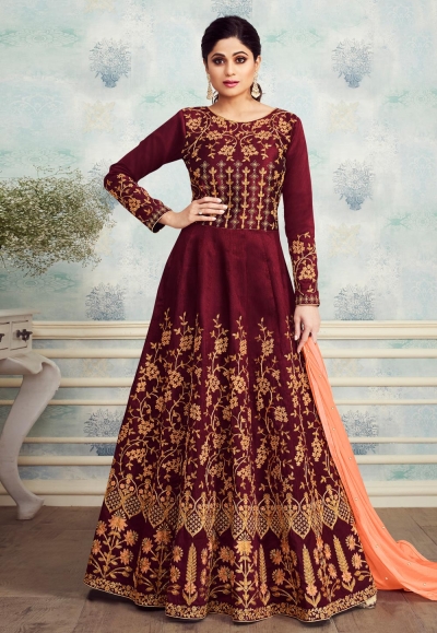 Shamita shetty maroon silk embroidered abaya style anarkali suit 8255