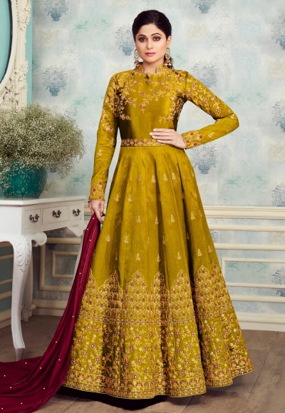 Shamita shetty shaded green silk embroidered long anarkali suit 8257