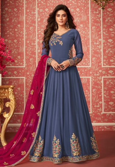 Blue georgette embroidered floor length anarkali suit 8289