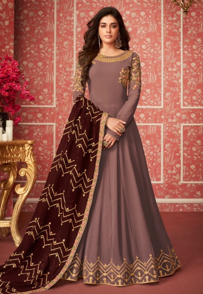 Brown georgette embroidered abaya style anarkali suit 8288