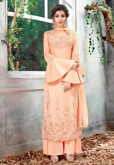 Peach silk embroidered kameez with palazzo with frill sleeve 5157