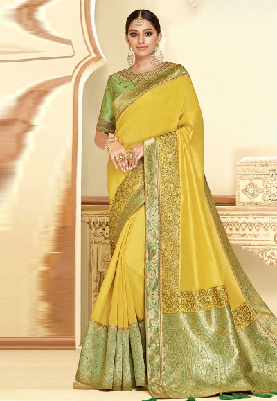 Yellow satin festival wear saree 11025