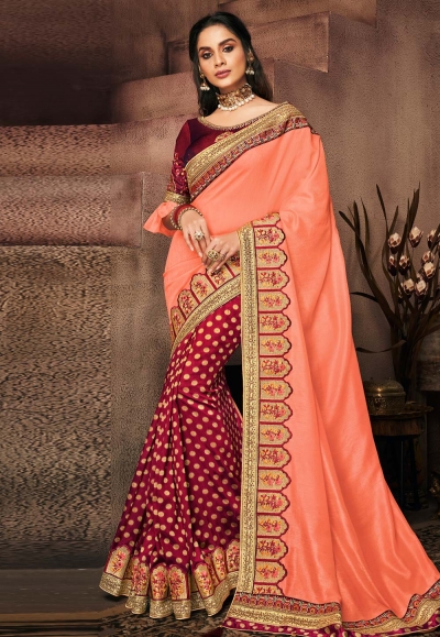 Peach satin half and half saree 10703