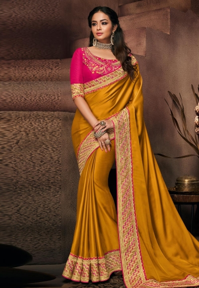 Mustard satin party wear saree 10710