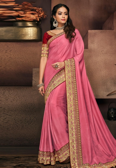 Pink satin party wear saree 10713