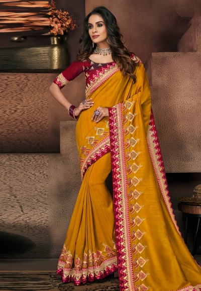 Mustard satin festival wear saree 10704