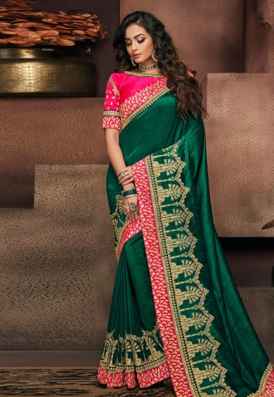 Green satin festival wear saree 10708