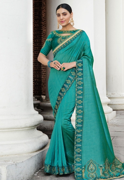 Sea green silk saree with blouse 74596