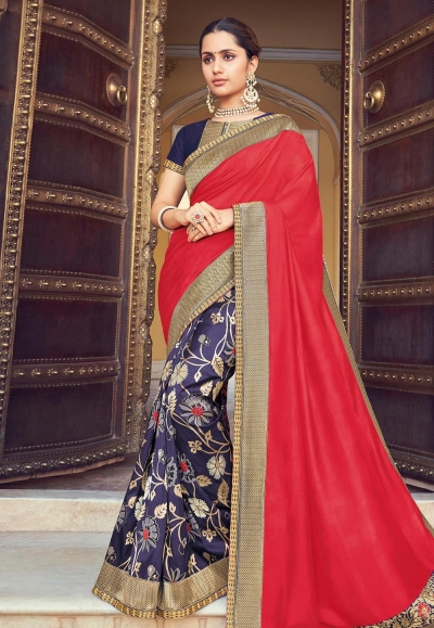 Red banarasi half and half saree 1040