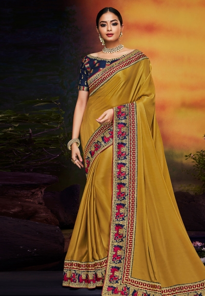 Mustard satin party wear saree 2113