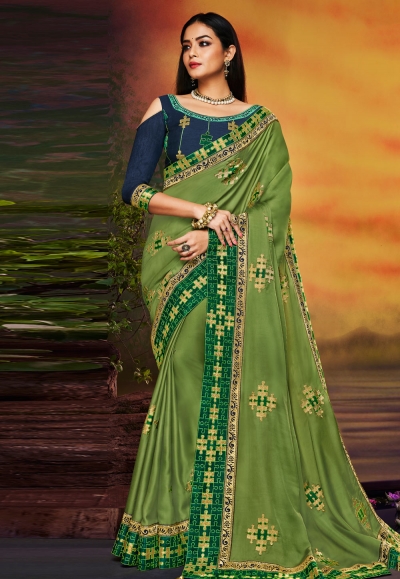 Green satin saree with blouse 2104