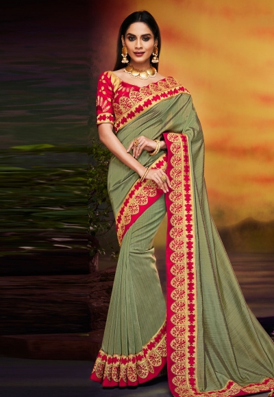 Olive green satin party wear saree 2109