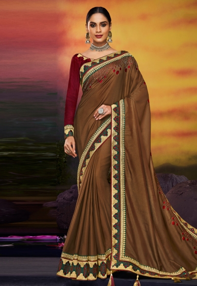 Brown satin saree with blouse 2110