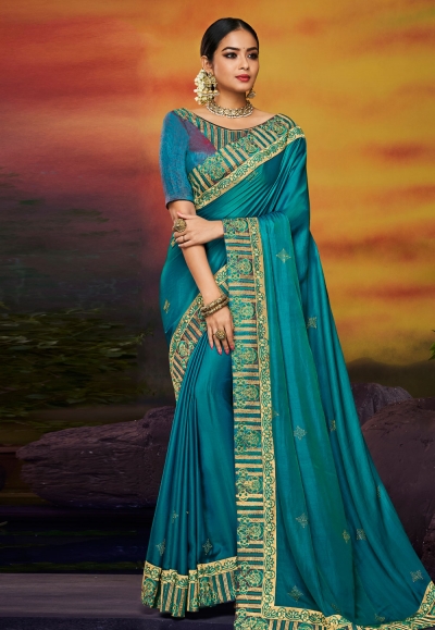 Aqua blue satin festival wear saree 2111