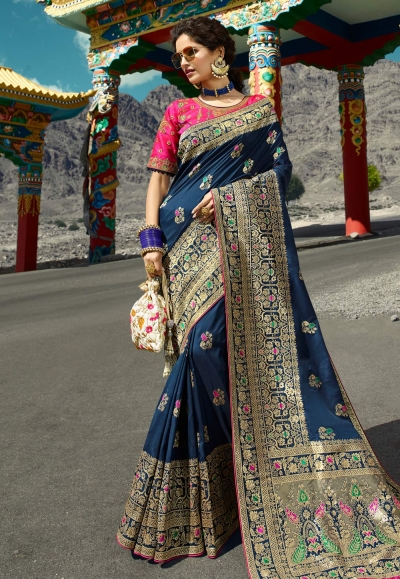 Navy blue silk embroidered saree with blouse 13276