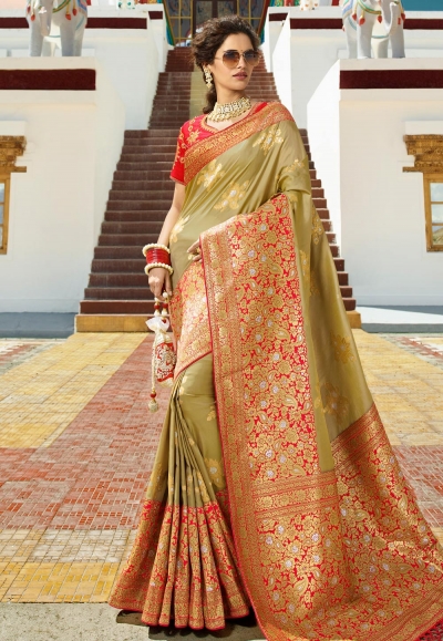 Olive green silk embroidered saree with blouse 13270