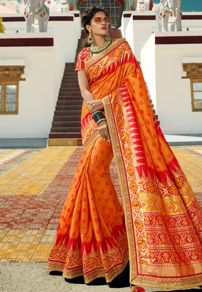 Orange silk embroidered festival wear saree 13265