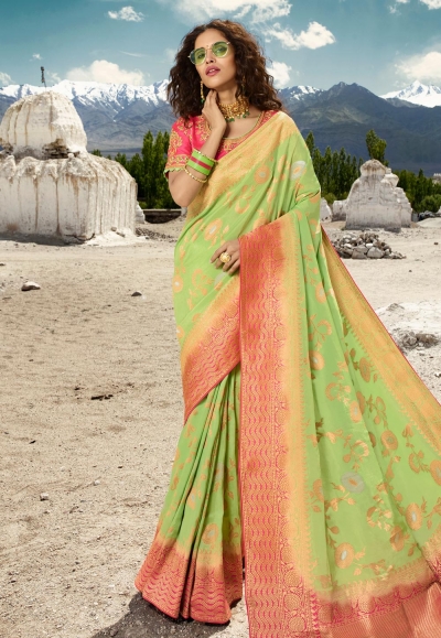 Green silk embroidered festival wear saree 13273