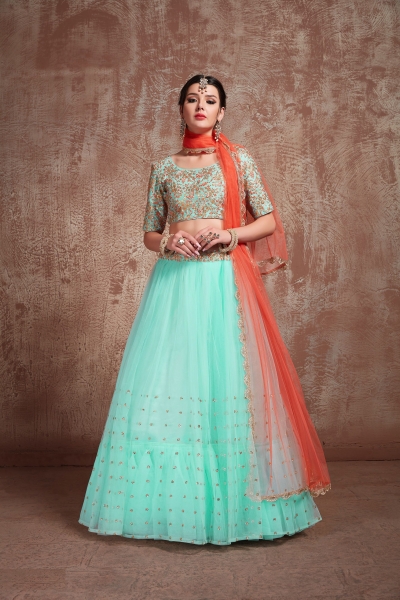 Blue color net sequins wedding lehenga