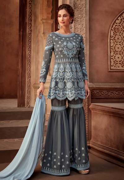 Gray georgette sharara style suit 7194