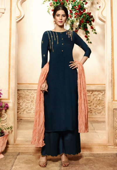 Navy blue viscose palazzo style suit 4004