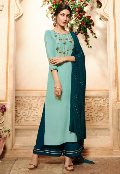 Sky blue viscose palazzo style suit 4005
